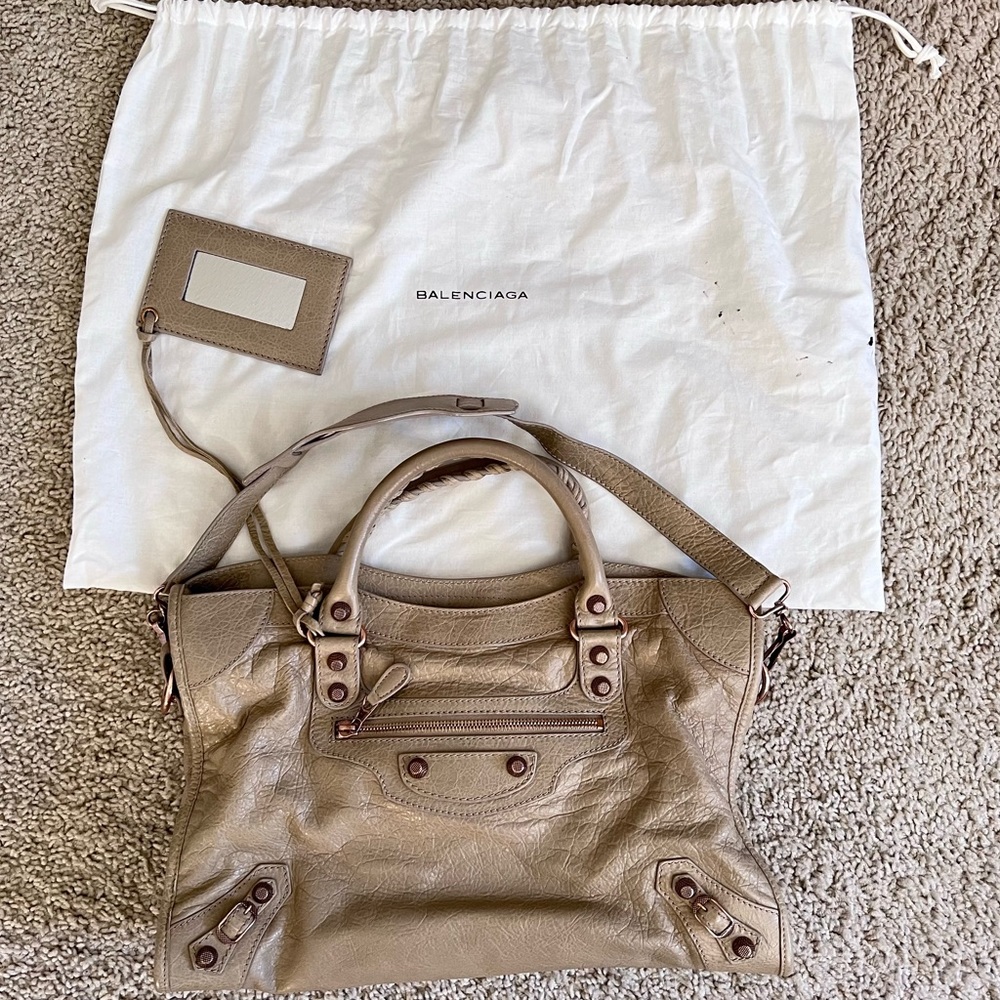 Authentic Balenciaga Giant City Bag Beige Studded Rose Gold